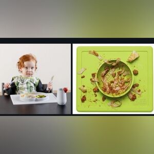 Set of Two: Ezpz Happy Mat Grey Suction Plate Placemat & Green Square Mini Bowl